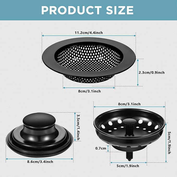 Mudder 3 Pcs Kitchen Sink Drain Strainer and Stopper Stainless Steel Garbage