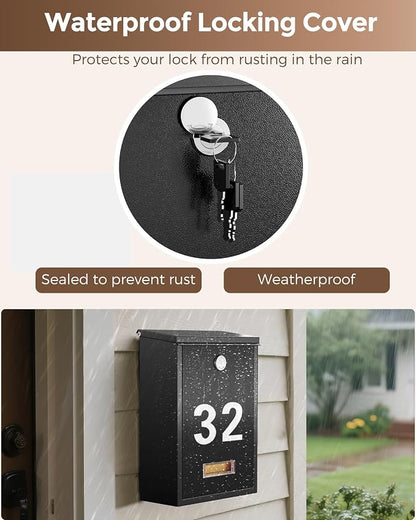 LAND·VOI Locking Wall-Mount Mailbox for Outside, with 4 Keys, Galvanized Steel Rustproof Metal Postbox, 3.1" Dx7.5 Wx10.8 H, Includes 3 Sets of Mailbox Numbers, Nameplate, Black, AMB32B