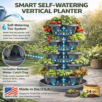 5-Tier Stackable Strawberry Garden – 24 Quart Indoor / Outdoor Stacking Planter with Drip Saucer – Grow Herbs, Strawberries, and Flowers from The Kitchen or Backyard – Plant and Stack! Easy Gardening