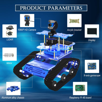 Smart Tank Robot Car ROS SLAM with LIDAR, Aluminum Alloy Chassis, Display, HD Camera, Support SLAM Mapping Navigation and Autonomous Driving (with Raspberry Pi 4B 4GB), AI Tracked Car (Yellow)