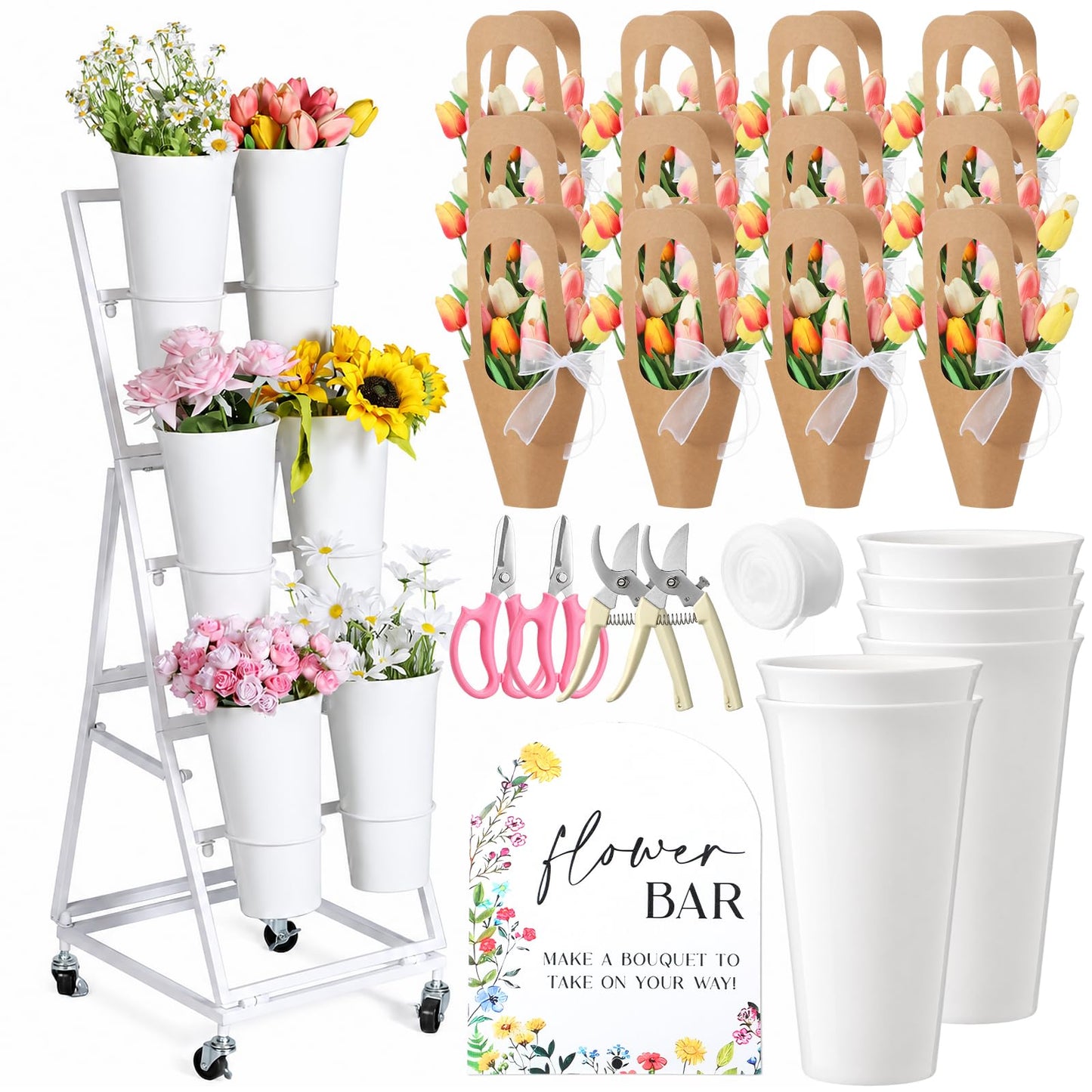 Ninehaoou 43 Pcs Flower Bar Buckets Kit Bloom Bar Supplies Flower Display Stand with 6 Bucket 1 Wood Sign 4 Scissors 30 Bouquet Wrapping Bags for Fresh off The Market Wedding Bridal Baby Shower(Small)