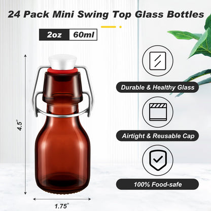 Tessco 24 Pcs Mini Swing Top Glass Bottles with Stoppers Small Flip Top Bottles with Airtight Lids for Crafts Decoration Wedding Themed Party Favors(2 oz,Amber)