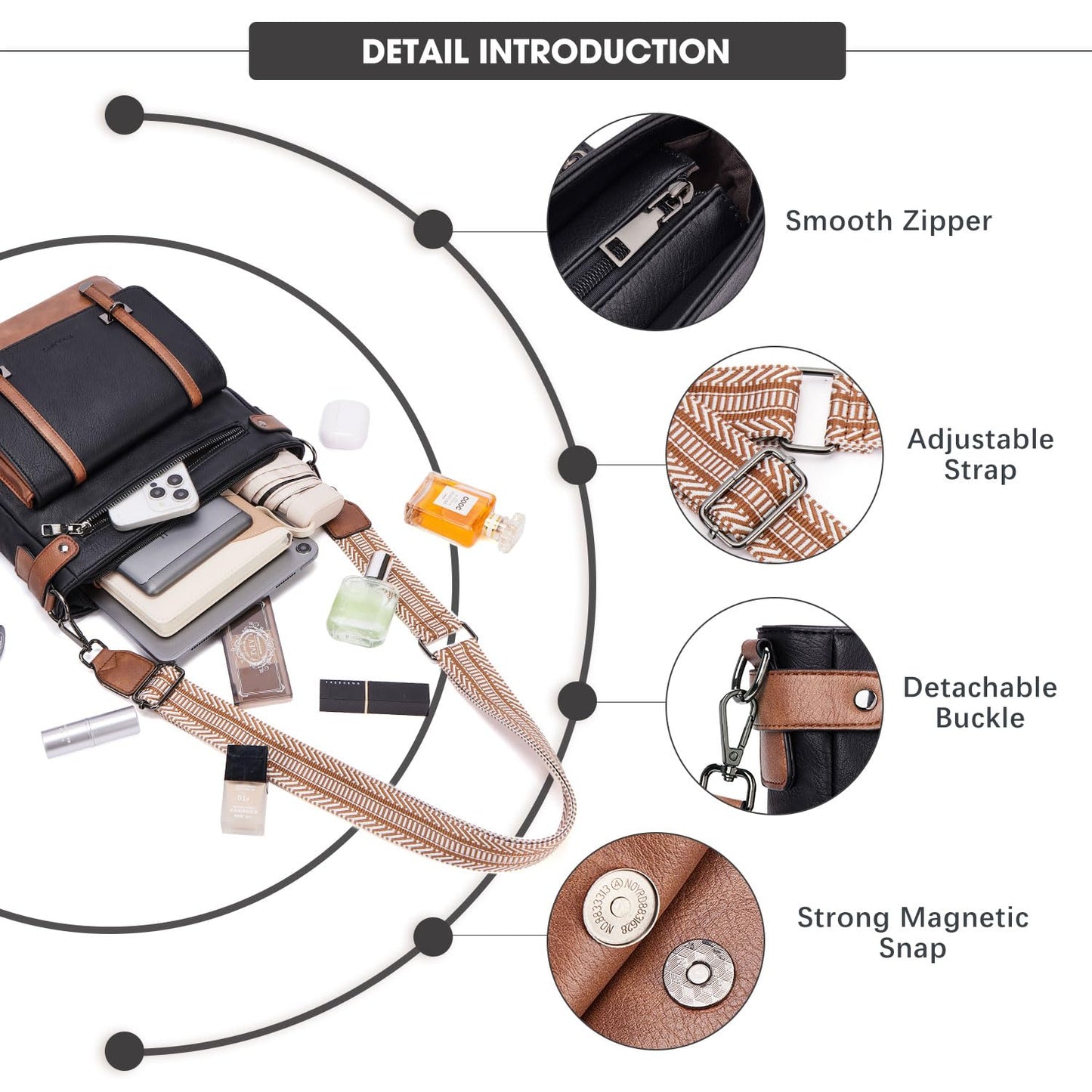 Roulens Crossbody Bags for Women,Multi Pocket Crossbody Purses Vegan Leather Shoulder Handbags Travel Purse Adjustable Strap