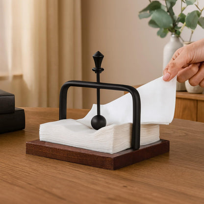 2 Pcs Wooden Base Napkin Holder, Elegant Black Metal with Aluminum Alloy Frame, Ideal for Indoor and Outdoor Use, Space-Saving Square Design, Perfect for Dining Tables and Picnics