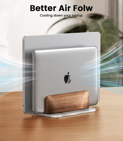 LOXP Vertical Laptop Stand, [Dual Slot Wooden + Aluminum Laptop Holder], Desktop Adjustable MacBook Stand, Adjustable Base, for MacBook Pro/Air, (up to 17.3-inch All laptops)