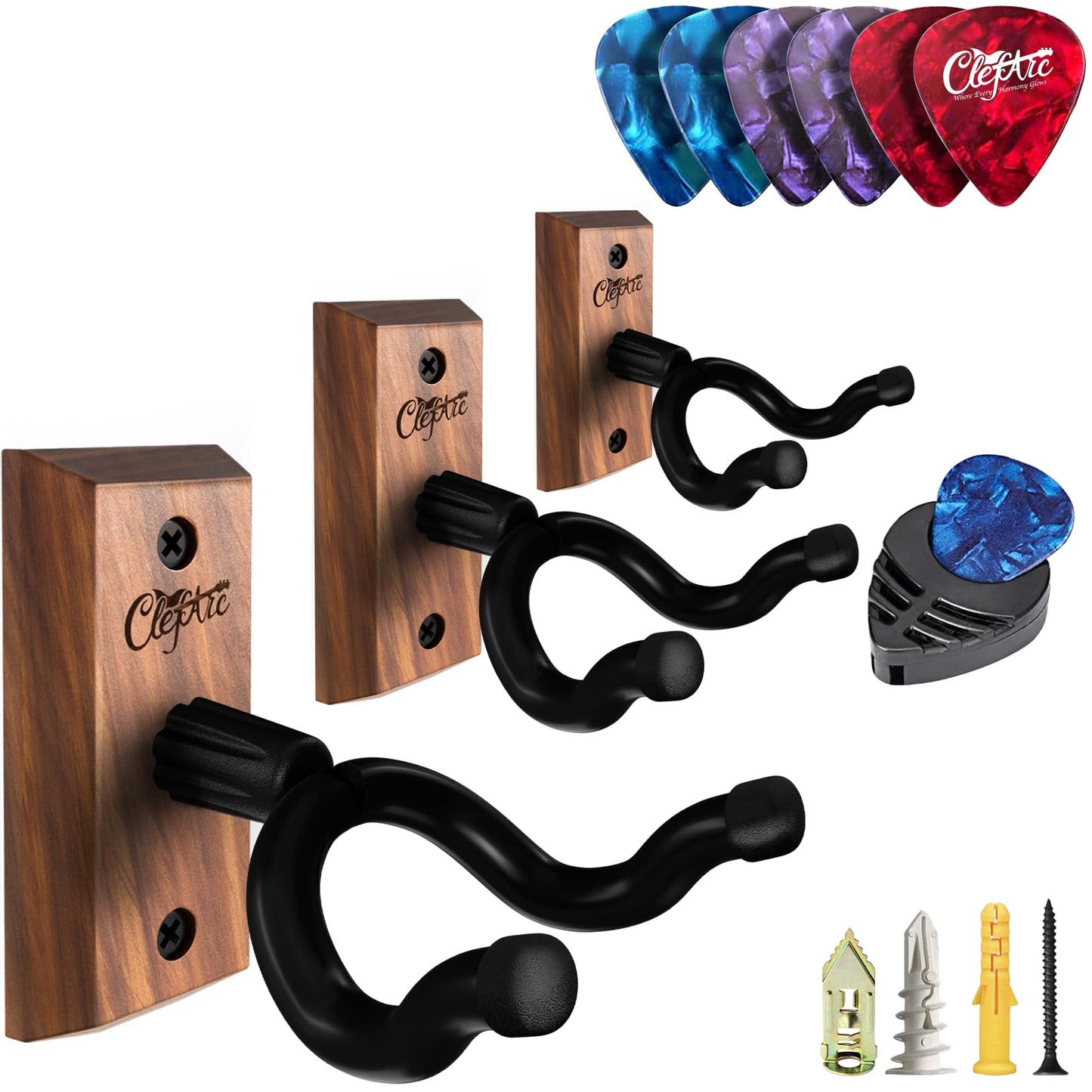 ClefArc Guitar Wall Mount - 3 Pack Black Walnut Guitar Wall Hangers, U-Shape Hardwood Guitar Hanger, Guitar Gifts for Men Women Guitarists, Guitar Accessories, with 6 Assorted Guitar Picks