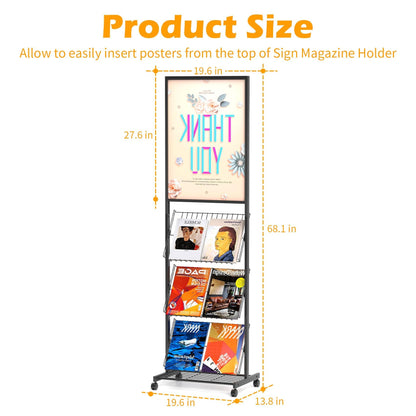 lesolar Floor-Standing Magazine Rack with Poster Board Stand, 4-tier Metal Magazine Rack with Wheels, Newspaper Holder, Book Brochure Display Stand, Poster Sign Holder for Exhibitions Store Business