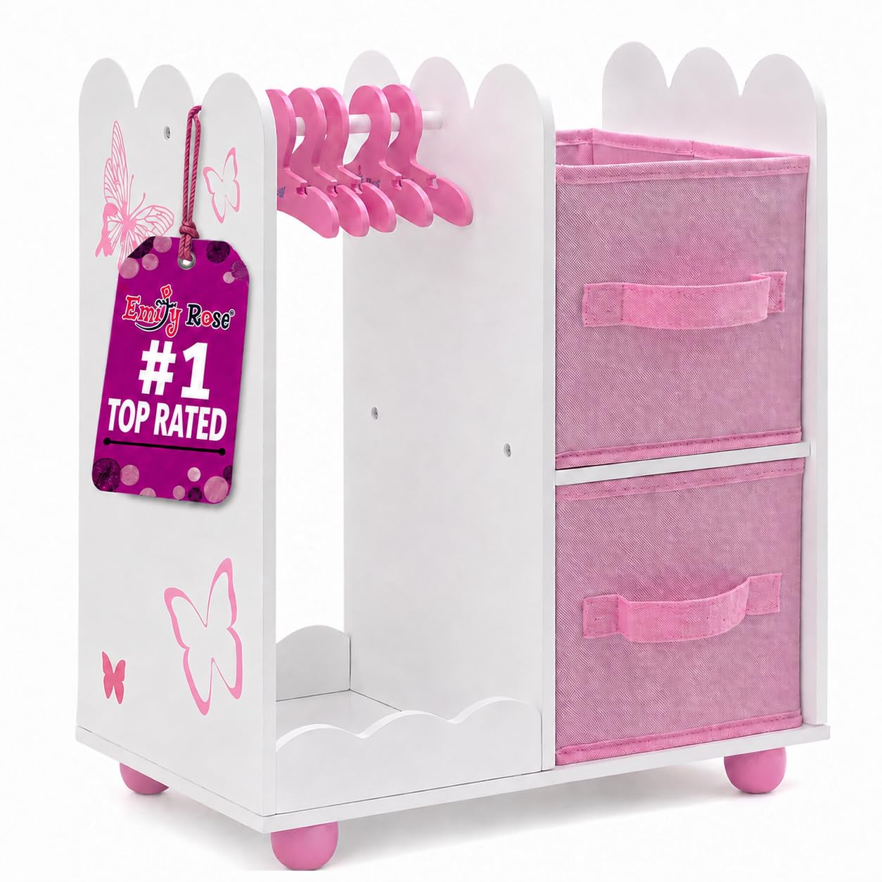 Emily Rose 18" Doll Open Wardrobe Closet - Butterfly Collection Storage Closet with 5 Hangers & 2 Large Fabric Bins | American Girl Compatible | USA Brand