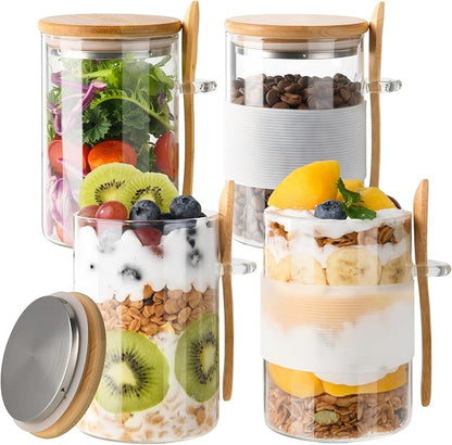 Glass Overnight Oats Containers with Lids and Spoons, 4 Pack 16oz Over Night Oats Jars with Secure-Grip Bands, Borosilicate Glass Salad Jars for Yogurt, Chia Pudding, Breakfast Oatmeal, Parfait