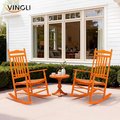 VINGLI Wooden Rocking Chair, Outdoor Chair with 450 lbs Support, Relaxing Rocker with Solid Wood High Back Seat Reclining Seat for Deck, Garden, Backyard, Porch, Indoor or Outdoor Use (Orange, 2PCS)
