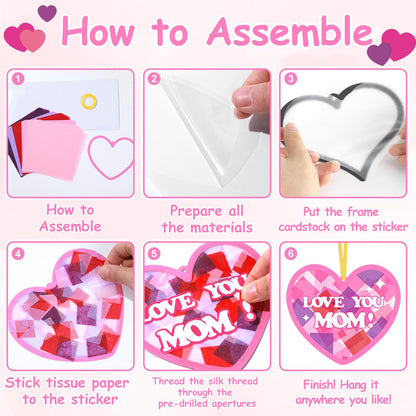 Qyeahkj 36 Set Mother Day Heart Suncatchers Crafts for Boys and Girls DIY Love Hearts Window Tissue Paper Crafts Love Hanging Decor for Classroom Home Activity Art Project Birthday Party Favor Gifts