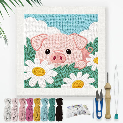 Doodlream Flowers Pig Needle Kit for Beginner, 9.4"x 9.4" Pig in Daisy Field Punch Stitching Craft Set, Color DIY Embroidery Starter with Printed Frame, Instruction, Threader, Yarn, Pinch Needle