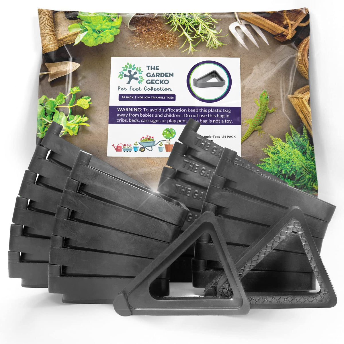 The Garden Gecko Pot feet for Outdoor Plant pots and Flowers, Solid Rubber risers with a Custom Non-Slip Surface Grip | 24 Triangle Hollow Pot-Toe Pcs