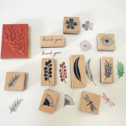Wissppoott 15 Pcs Vintage Wood Rubber Stamp Set - Antique Butterfly, Leaves, Branch, Plant, Ladybug& Bird Stamps for DIY Scrapbooking, Craft Cards, Gift Wrapping & Journal Art
