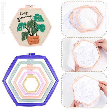 Framendino, 5 Pack Embroidery Hoop 5 Sizes Hexagonal Plastic Cross Stitch Hoops and Frames for Embroidery Craft Sewing
