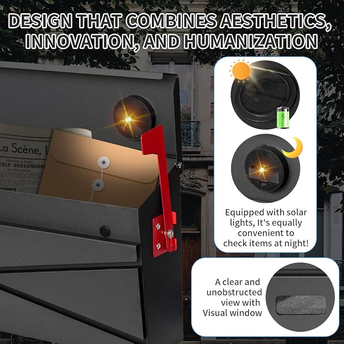 Ydocabinit Wall Mount Mailbox, Large Capacity Mailbox for House, with Flag, Visibility Galvanized Steel Rust-Proof Metal Post Drop Box, Mailboxes for Outside, 15.74"×9.84"×4.33" Solar Lanterns Black