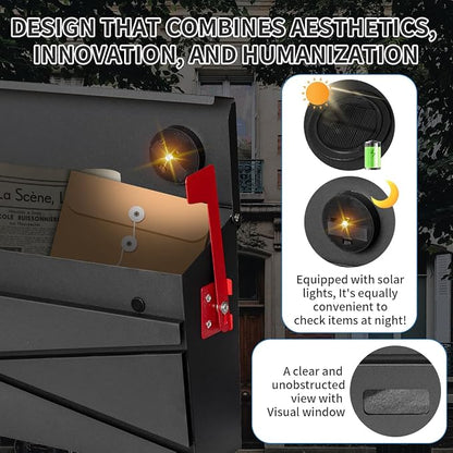 Ydocabinit Wall Mount Mailbox, Large Capacity Mailbox for House, with Flag, Visibility Galvanized Steel Rust-Proof Metal Post Drop Box, Mailboxes for Outside, 15.74"×9.84"×4.33" Solar Lanterns Black