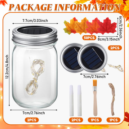 LemonRoad 2 Sets Thanksgiving DIY Craft Kit DIY Glass Mason Jar Solar Lanterns Fall Maple Leaf Table Centerpieces Decoration with Rope Brush Glue for Autumn Party Decor Classroom Activities Crafts