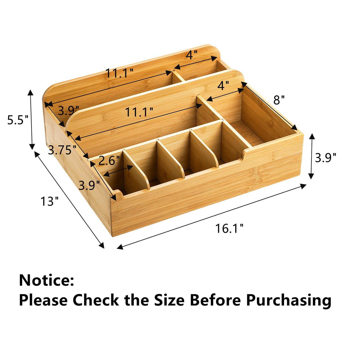 Frcctre Bamboo Utensil Caddy Organizer, 8 Compartments Large Paper Plate Holder, Adjustable Utensil Holder Silverware Cutlery Organizer for Plate Cup Fork Spoon Napkin, 16" L x 13" W x 5.5" H