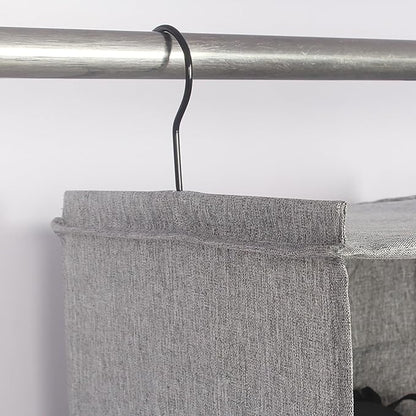 Hanging Closet Organizer 3-Shelf, Oxford Linen Wardrobe Storage, Gray | Easy-mount foldable design holds clothes, handbags, shoes & accessories; washable Oxford fabric, sturdy and space-saving.