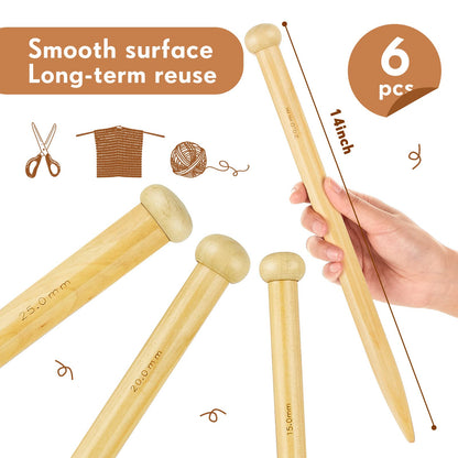 MTLEE 6 Pcs Large Knitting Needles Jumbo Straight Wooden Knitting Needles 3 Sizes Extra Large Weaving Tool for Chunky Yarn Beginner DIY Fabric Crafts Crochet 15mm 20mm 25mm (Natural)