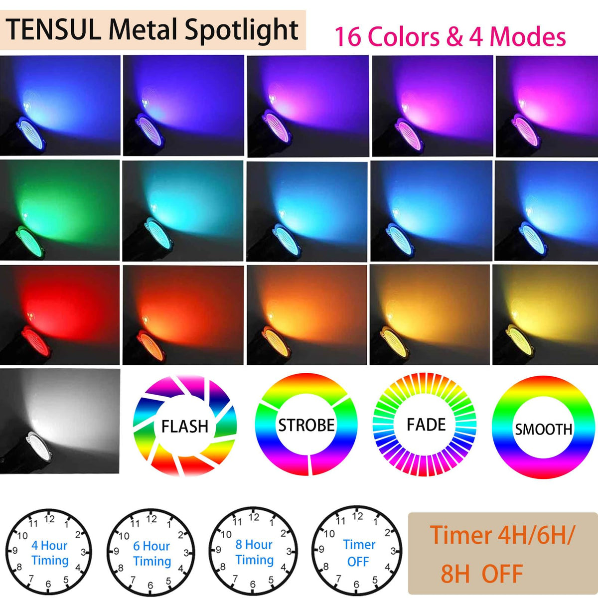 TENSUL Christmas Spotlight 10W LED Color Changing Outdoor Hallowmas Spot Lights Timer Remote IP65 Waterproof RGB Metal Case Spotlights with Stake Stand for Yard Garden Lawn House, 2 Lights