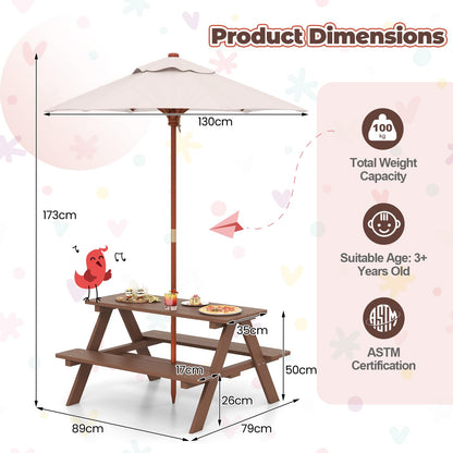HONEY JOY Kids Picnic Table, Toddler Outdoor Table & Bench Set, Wooden Children Patio Furniture with Folding Umbrella, Kids Picnic Tables for Outdoors, Gift for Boys Girls