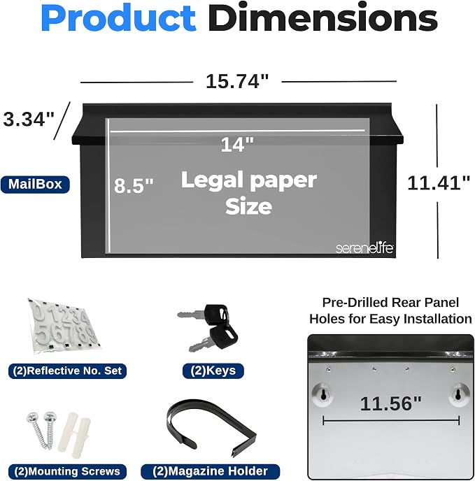 SereneLife Outdoor Wall Mailbox & Newspaper Holder | 0.24 FT Cubic Mailbox | Easy Installation, Secure Lock Mechanism | Ideal for Residential or Commercial Use | Wall Mountable | 15x3x11 in | Black