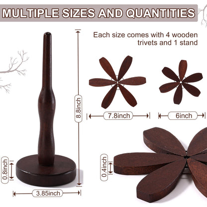 Wonderjune Tree Coasters Set of 8, Wooden Trivets for Hot Dishes, 2 Sizes Foldable Tree Shaped Trivets with 2 Stands, Decorative Kitchen Table Pad Mat Decor for Hot Pots, Pans, Cups(Walnut Wood)