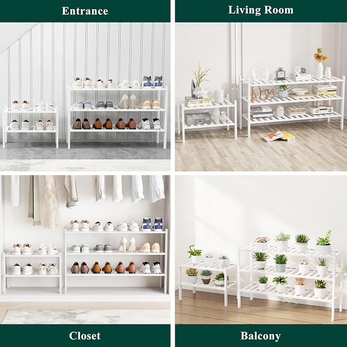 Smiry Long Bamboo Shoe Rack, 3 Tier Free Standing Wooden Shoe Organizer, Stackable Wood Shoe Storage Shelf for Closet, Entryway, 12 Vertical Slats, 2+1 Stack Standard Legs, 33.7"x11"x19.5", White