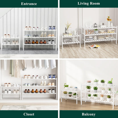 Smiry Long Bamboo Shoe Rack, 3 Tier Free Standing Wooden Shoe Organizer, Stackable Wood Shoe Storage Shelf for Closet, Entryway, 12 Vertical Slats, 2+1 Stack Standard Legs, 33.7"x11"x19.5", White