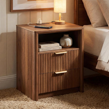 LYNCOHOME 19.7" Fluted Nightstand with Charging Station, 2 Drawer Bedside Table, Modern Night Stand with Curved Edge Design, Wooden End Table for Bedroom, Rounded Night Stand with Storage, Walnut