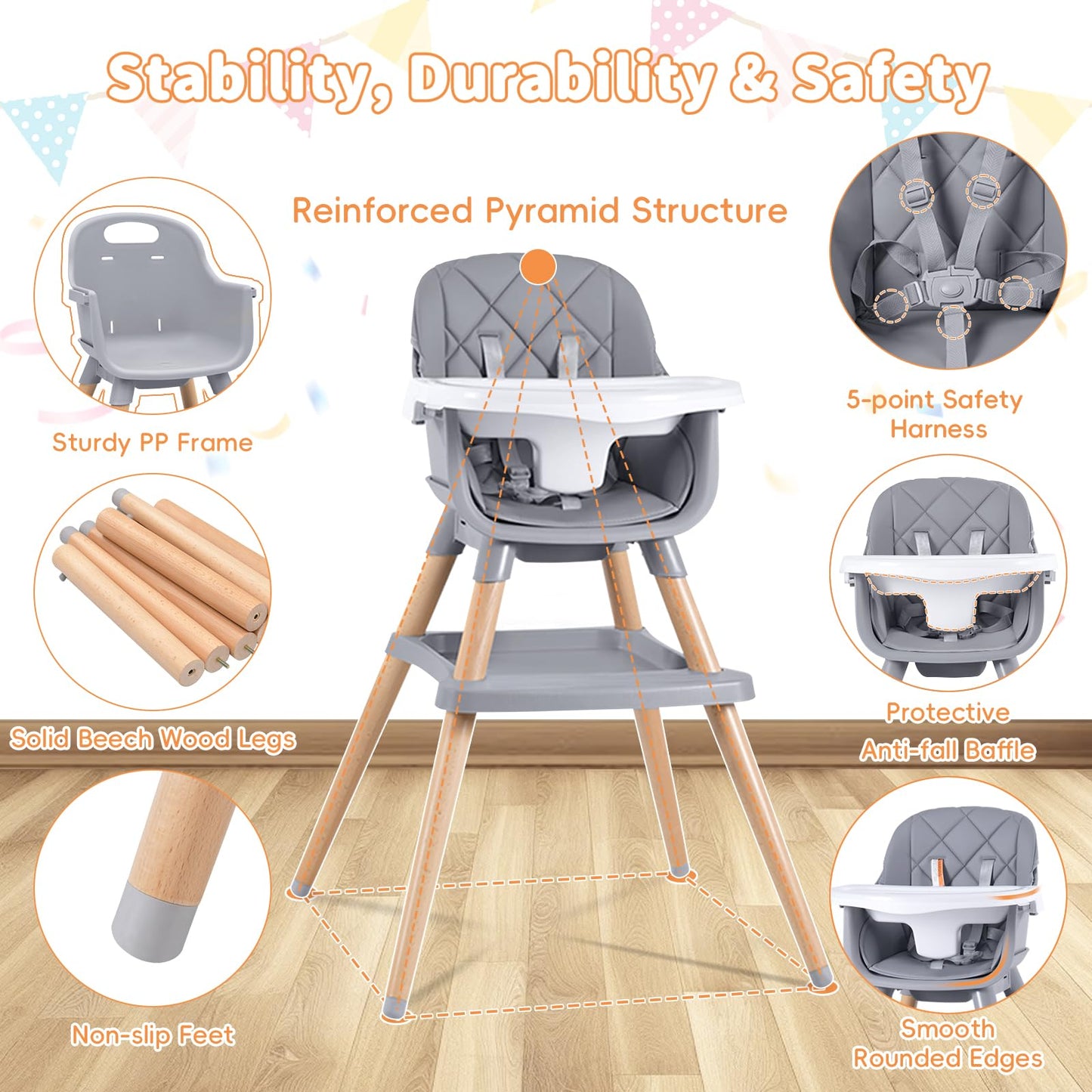 Babyliebe Baby High Chair, 8 in 1 Convertible Wooden High Chair for Babies and Toddlers, Converts to Booster Seat, Toddler Chair & Stool, with Removable Double Tray, Adjustable Legs & Footrest (Gray)
