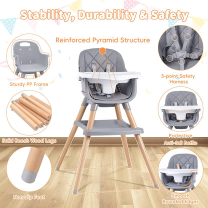 Babyliebe Baby High Chair, 8 in 1 Convertible Wooden High Chair for Babies and Toddlers, Converts to Booster Seat, Toddler Chair & Stool, with Removable Double Tray, Adjustable Legs & Footrest (Gray)