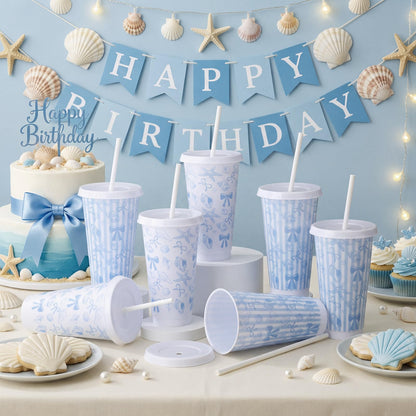 Pickmesh 12 Pcs 24 oz Coastal Blue Bow Plastic Cups with Lids and Straws Bulk Coastal Ocean Party Decoration Supply Blue Shell Reusable Tumbler for Birthday Wedding Baby Shower Party