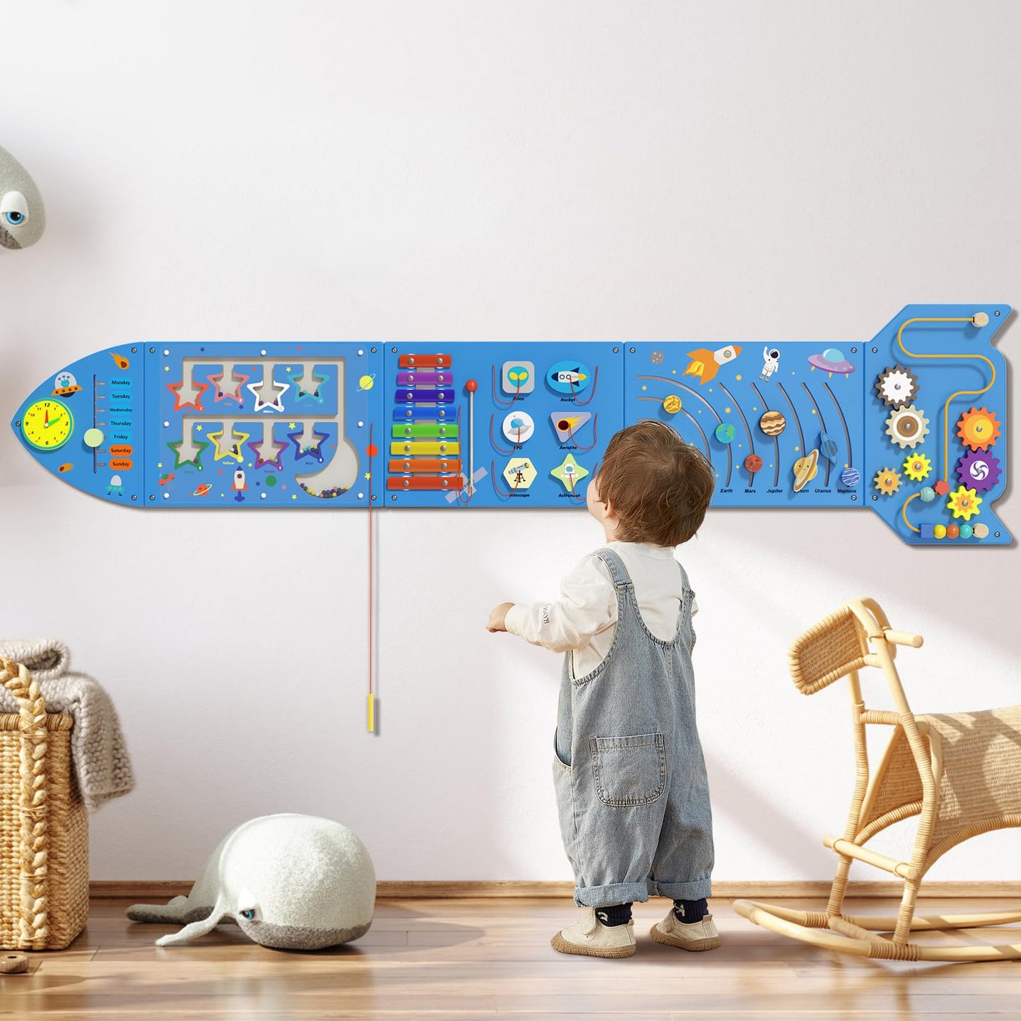 Spacocld Rocket Activity Wall Busy Board Panels - Sensory Wall Panel for Kids, Montessori Toddler Wall Activity Board, Wall Toys for Toddlers 3, Activity Cube, Wooden Multi-Activity Boards, Blue(5PCS)