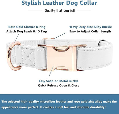 Soft Leather Dog Collar and Leash (6.6') Set - Stylish Rose Gold Heavy Duty Metal Buckle, 4 Adjustable Lengths Leash for Small Medium Large Dogs - Comfortable & Easy to Clean White XS(8"-12")