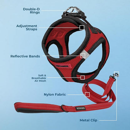 Best Pet Supplies Voyager Step-in Air All Weather Mesh Harness and Reflective Dog 5ft Leash Combo with Neoprene Handle, for Small, Medium and Large Breed Puppies - Red/Black Trim, Medium