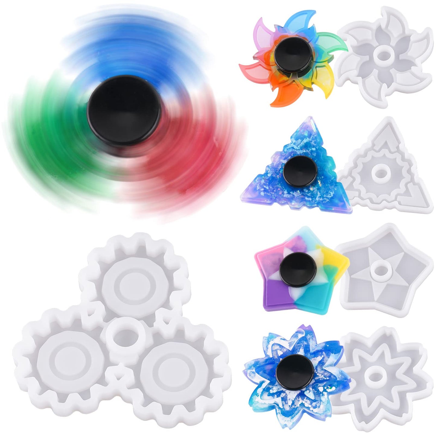 NiArt Fidget Finger Spinner DIY Epoxy Resin Casting Silicone Mold Kit 5 Molds with 10 Bearings Set, Stress Reliever Hand Fidget Toy Gift for Kids and Adults Art Crafts Home Decorations Jewelry (Set B)