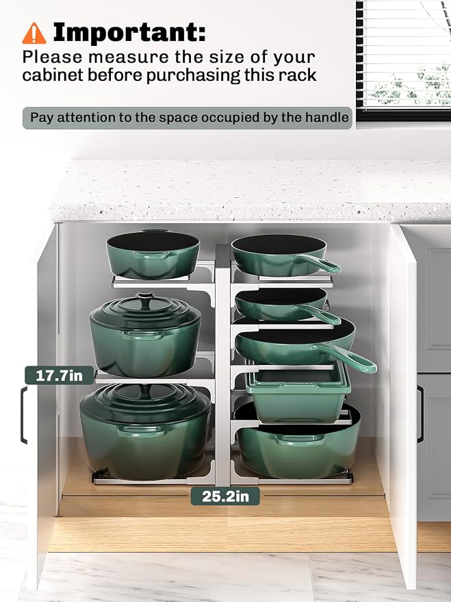 MUDEELA 8-Tier Pots and Pans Organizer under Cabinet, 15.83" Height Heavy Duty Pot Pan Organizer Kitchen Cabinet Organization and Storage, Adjustable Pot Rack for Frying Pan, Cast Iron Skillet, Sliver