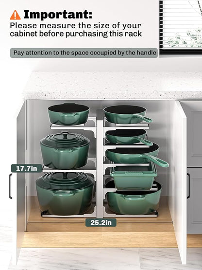 MUDEELA 8-Tier Pots and Pans Organizer under Cabinet, 15.83" Height Heavy Duty Pot Pan Organizer Kitchen Cabinet Organization and Storage, Adjustable Pot Rack for Frying Pan, Cast Iron Skillet, Sliver
