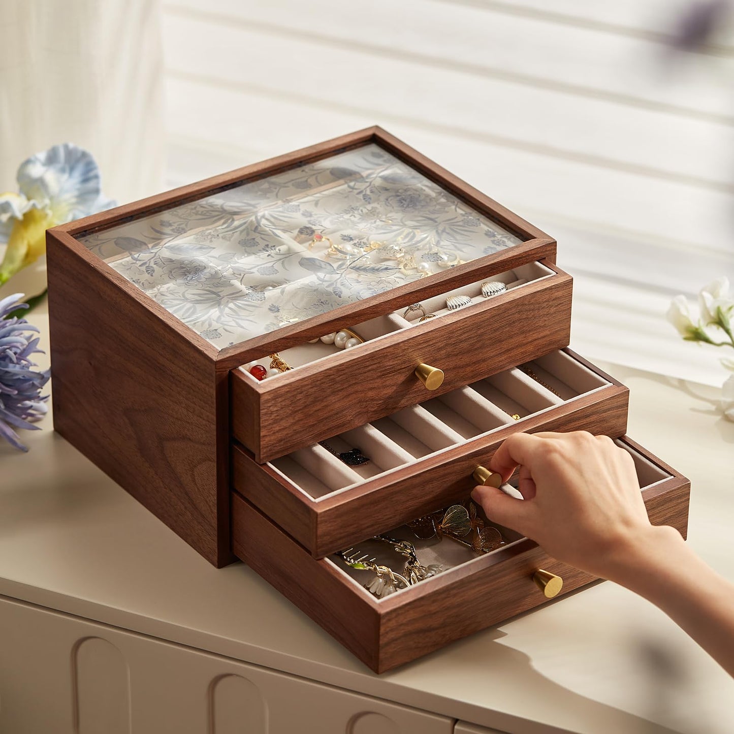 Homruilink Black Walnut Wooden Jewelry Box with Blue Floral Glass Lid for Women, large 3 Layer Drawer Organizer Box for Necklaces, Watch, Necklace, Ring, Earring Storage, Fathers Day Gift
