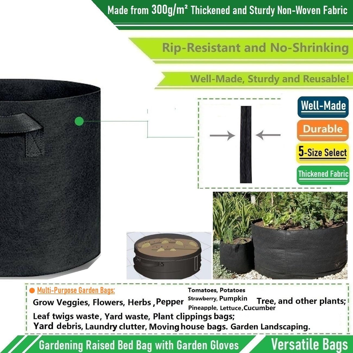 200 Gallon Big Raised Garden Bed Bag (50x24 inch) Large Plant Grow Bag for Tomato,Potato Planter,Herbs Veggies Planter,Flower Bed,Plant Container,Yard Waste,Lawn Debris,Leaf Bag with Gardening Gloves