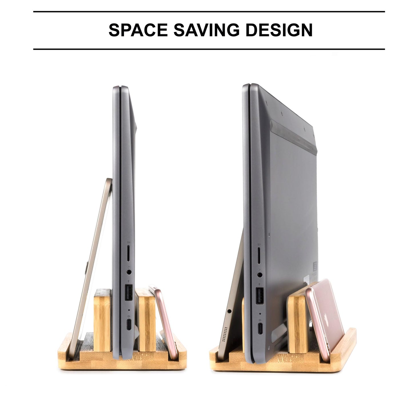 S&A WOODCRAFT 3 Slots Bamboo Wood Vertical Laptop Stand, Adjustable Wooden Laptop Holder, Non-Slip Laptop Dock Compatible with Apple MacBook, Microsoft Surface, Gaming Laptops, IPad, Tablets