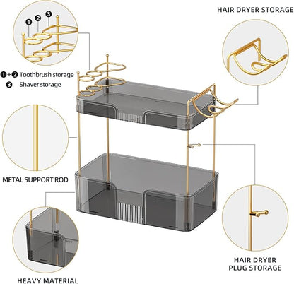 shuang qing 2 Tier Bathroom Counter Organizer with Hair Dryer Holder, Hair Tool Countertop Storage, Cosmetics Skincare Shelf, Makeup Organizer Perfume for Dresser Vanity Tray - Grey