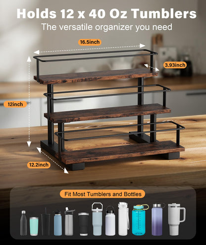 Wolera Stanley 40 oz Tumbler Compatible Organizer, 3-Tier Water Bottle Organizer with Wooden Shelves, Carbon Steel Rack Holds 12 Bottles, Kitchen & Bar Storage