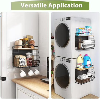 Magnetic Shelf for Fridge with Wood Lid, 2 Tier Fruit Baskets Wall Mounted