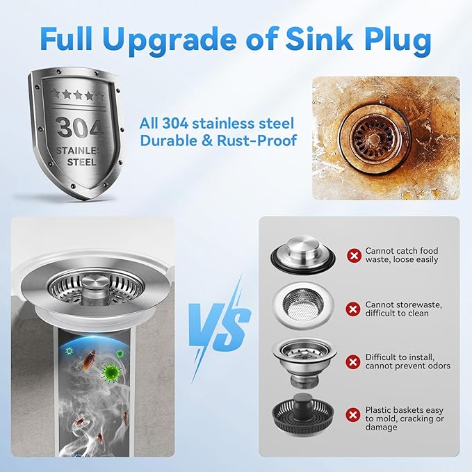 3-in-1 Stainless Steel Kitchen Sink Drain Strainer, JOMST Kitchen Gadget – Fast