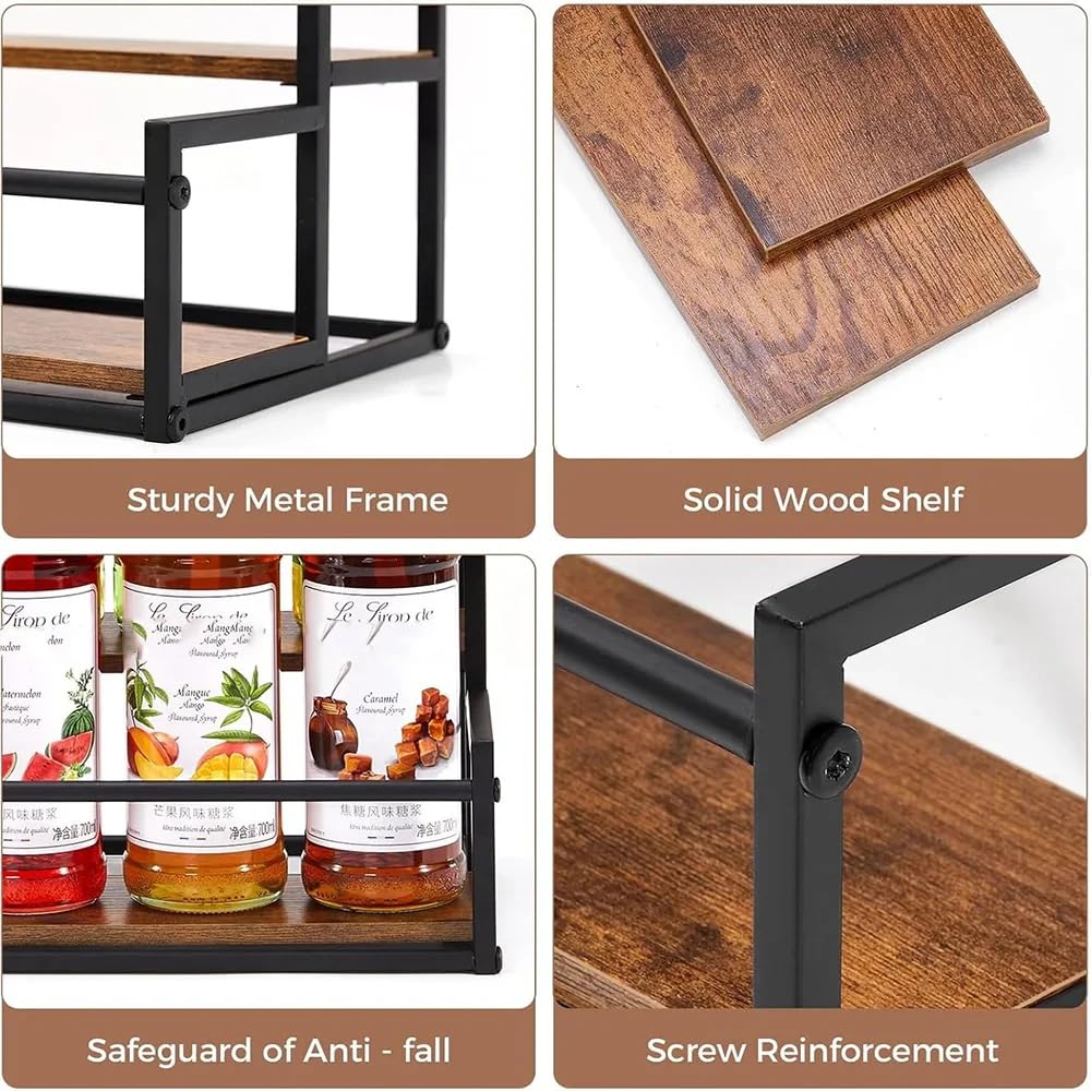 DHUJBFF 3-Tier Wooden Countertop Organizer - Wine Rack & Spice Shelf for Kitchen, Holds 9 Bottles, Space Saver for Coffee Bar, Syrup, Oil, Dining Room Decor