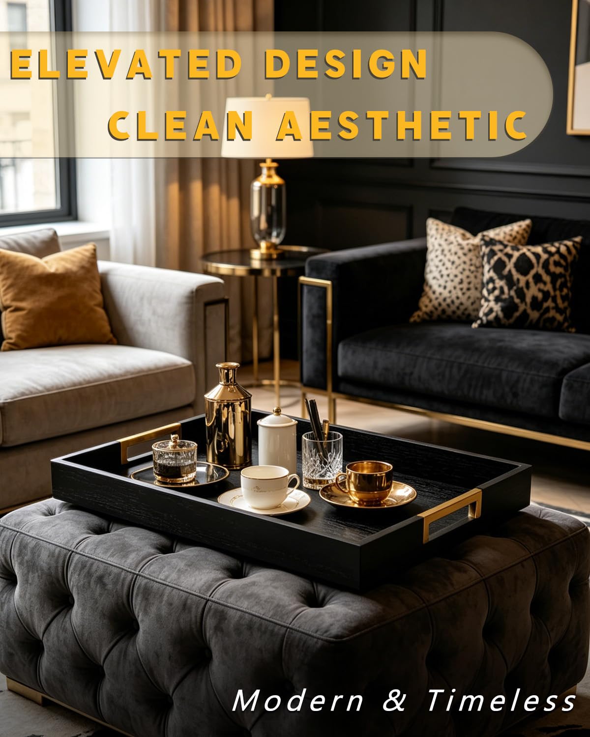 OurMiao 22" x 15.75" Black Wooden Serving Tray with Golden Metal Handles, Large Rectangular Wood Ottoman Tray for Living Room, Coffee Station, Ottoman Table